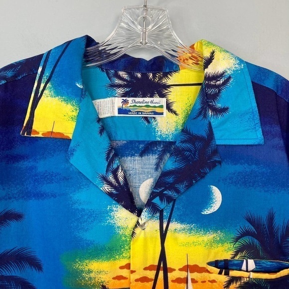𝅺vintage Shoreline Hawaii Blue Beach Sunset Cotton Button Up Shirt Men's Size XL - Picture 2 of 12